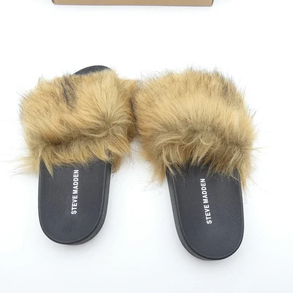 Steve Madden Shaggy Brown Multi Faux Fur Slide Sandals SHAG01S1 Womens 9 - Picture 3 of 6